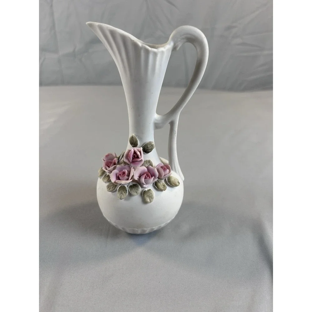 Vintage Porcelain Pitcher Vase Pink Roses Floral Ewer White Ceramic 7